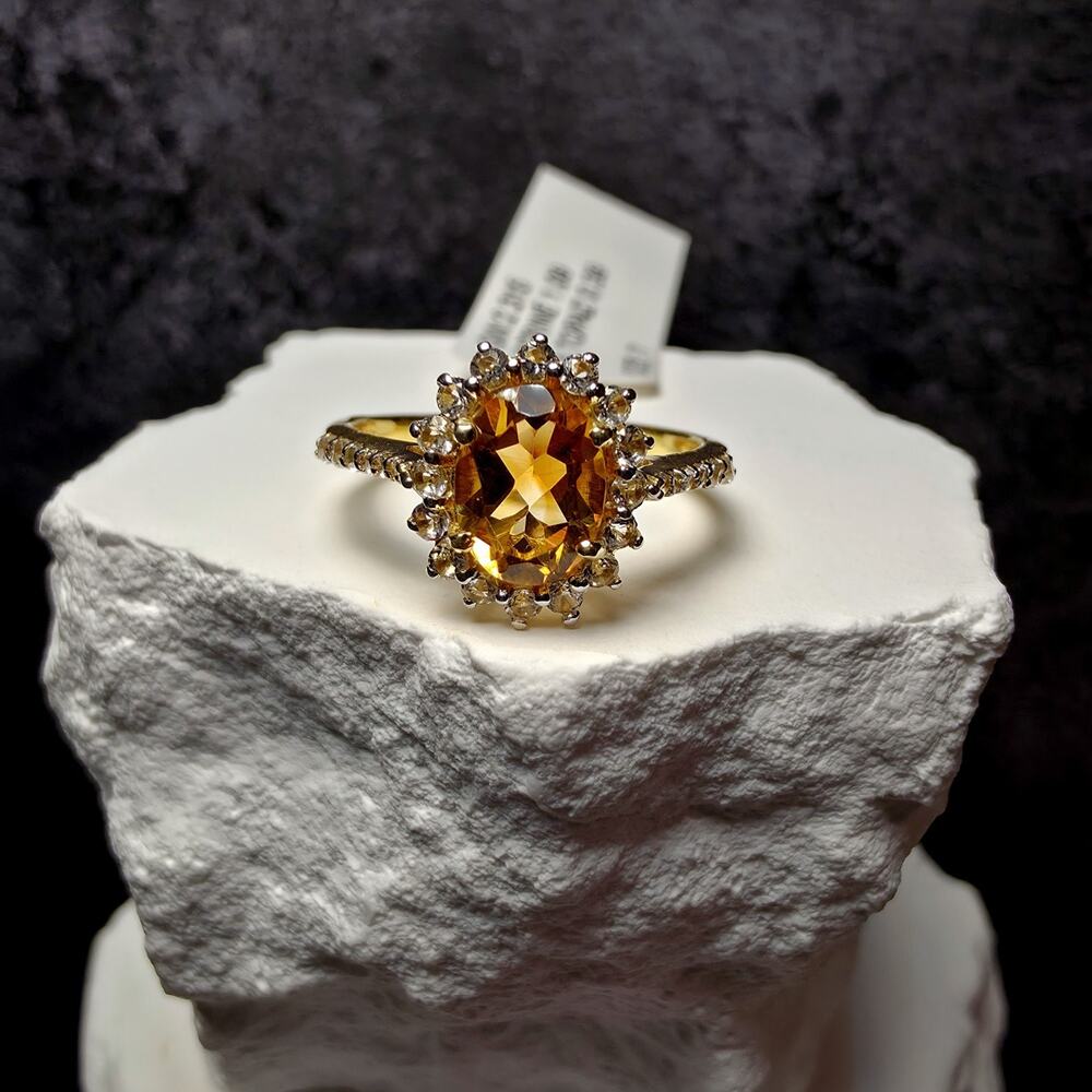 1.09 CT Oval Natural Citrine & White Topaz Halo Ring in Gold over Silver Size 7